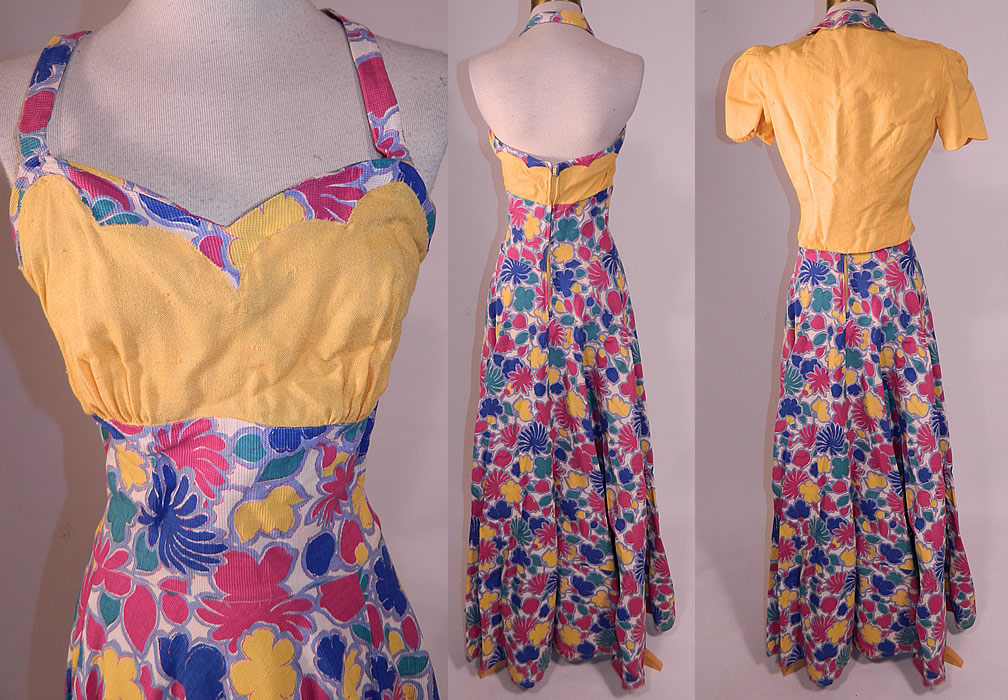 Vintage Colorful Cotton Pique Floral Print Halter Top Dress Gown & Jacket
The jacket measures 17 inches long, with a 24 inch waist and 34 inch bust. It is in good condition. This is truly a wonderful piece of wearable art! 