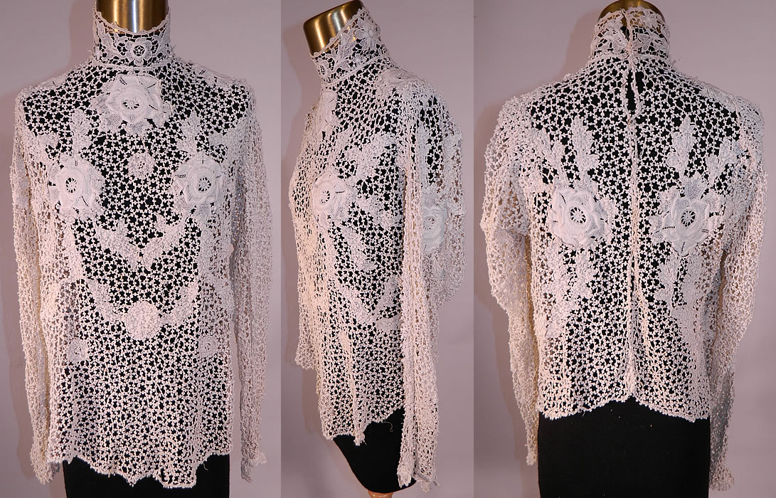 Edwardian White Point de Venise Needle Lace Applique Blouse Shirt Top
This antique Edwardian era white Point de Venise needle lace appliqué blouse shirt top dates from 1905. It is made of a white Point de Venise needle lace with scrolling flowers, leaves, detailed meshwork buttonholed brides and floral lace appliques on the front. 