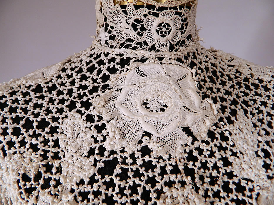 Edwardian White Point de Venise Needle Lace Applique Blouse Shirt Top
This beautiful blouse has a high neck lace collar, long tapered sleeves, snap closures down the back and is sheer, unlined.