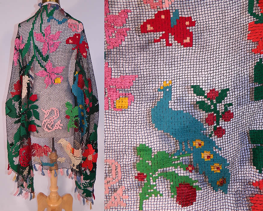 Vintage Colorful Ribbonwork Woven Crochet Fringe Floral Peacock Bird Boho Shawl
It is made of a sheer black crochet knit fabric, with colorful yarn woven ribbonwork designs of flowers, butterfly, birds, white hawk, peacock, rooster, chicken, chicks and hand knotted colorful fringe tassel trim edging. 