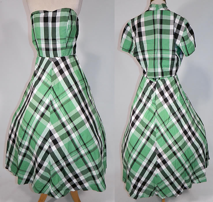 Vintage Betty Barclay Frocks Green Gingham Check Cotton Circle Skirt Dress & Jacket
There is a matching fabric short jacket blouse, with a button closure front, fold over collar, short sleeves and is unlined. The jacket measures 17 inches long, with a 28 inch waist and 36 inch bust. It is in good condition. This is truly a wonderful piece of retro 50s wearable art! 