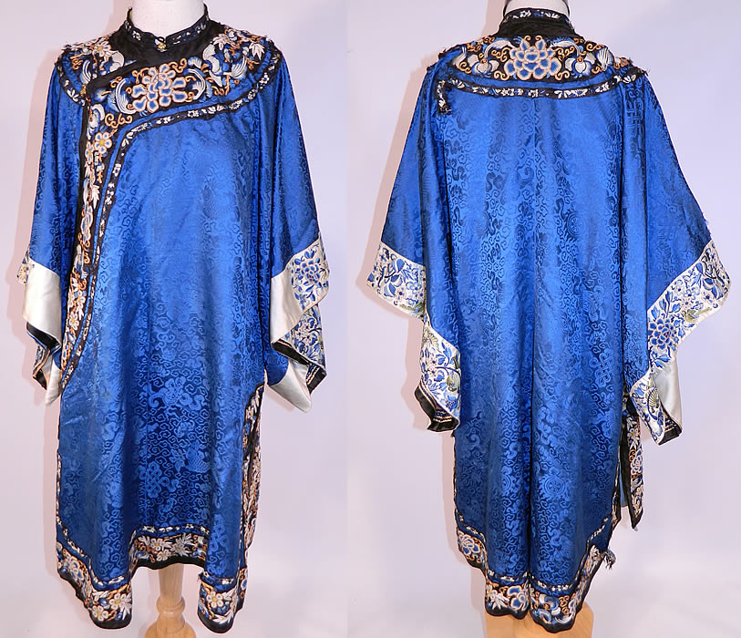 Antique Chinese Blue Silk Damask Brocade Forbidden Stitch Embroidered Trim Robe
This antique Chinese blue silk damask brocade forbidden stitch embroidered trim robe dates from the the mid 19th century during the Qing Dynasty. 