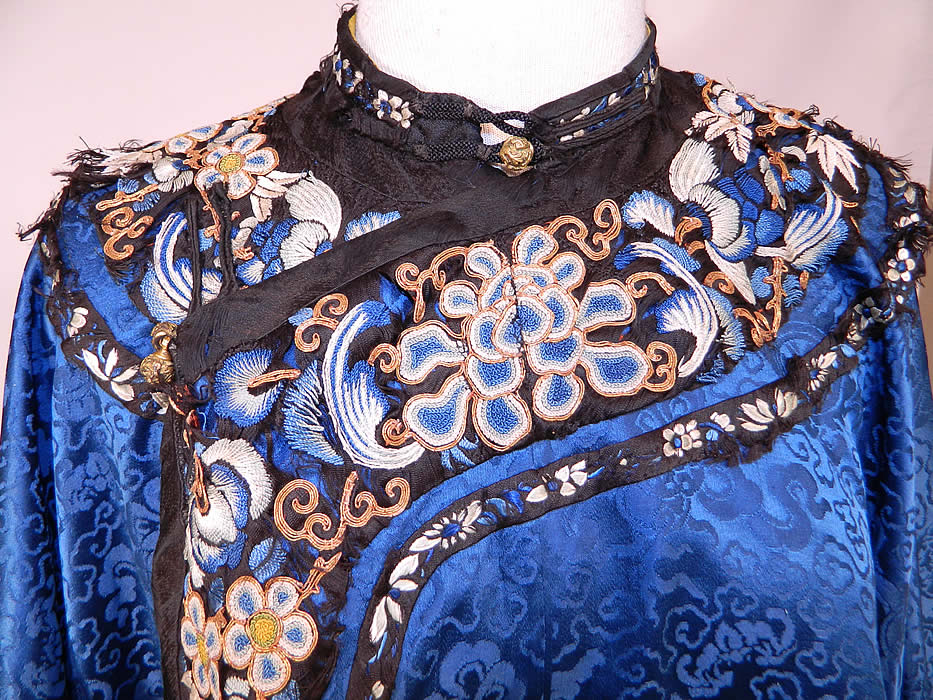 Antique Chinese Blue Silk Damask Brocade Forbidden Stitch Embroidered Trim Robe
It is hand stitched, made of a royal blue color silk damask weave brocade fabric, with the Eight Buddhist symbols of good fortune woven into the pattern and other auspicious objects, bats, butterflies and clouds. 