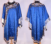 Antique Chinese Blue Silk Damask Brocade Forbidden Stitch Embroidered Trim Robe