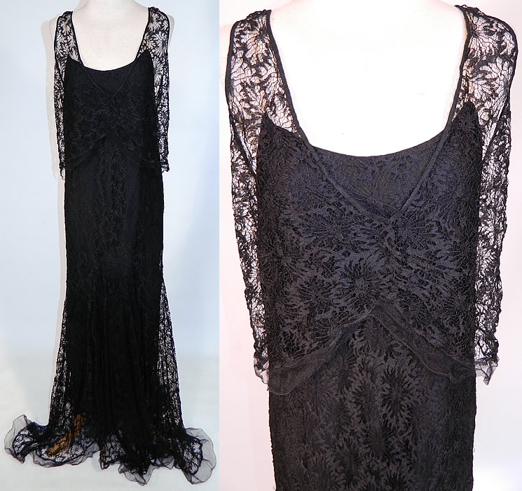 Vintage Black Cobweb Lace Silk Net Train Skirt Bias Cut Dress Evening Gothic Gown
This vintage black cobweb lace silk net train skirt bias cut dress evening Gothic gown dates from the 1930s. It is made of a black sheer fine silk net cobweb lace fabric, with an abstract spiderweb floral pattern design