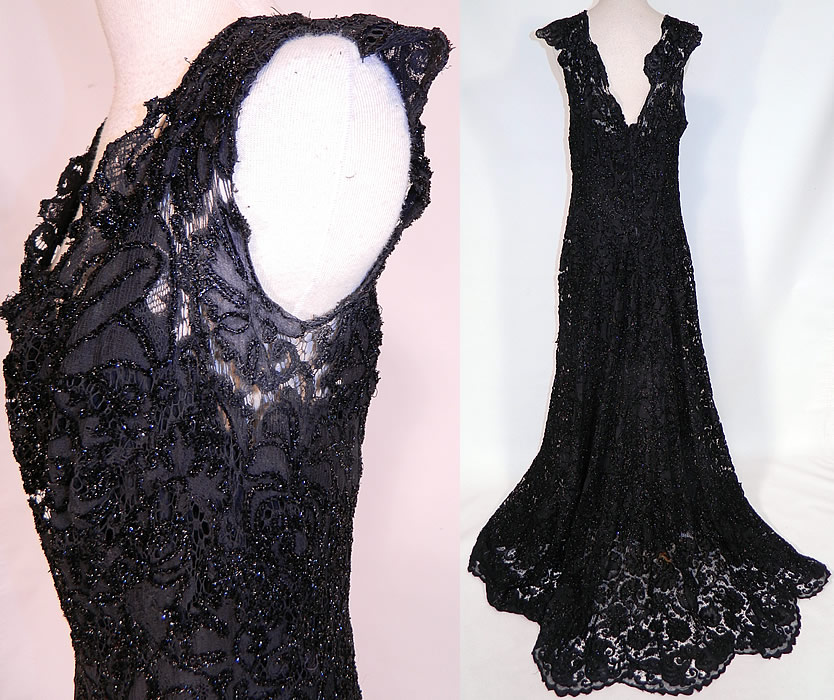 Nan Merriman Opera Singer Vintage Black Lace Silver Glitter Soutache Evening Gown
This gorgeous gown has a long floor length slight back train skirt, scalloped edge low scoop front neckline, sleeveless, backless, unlined and has a back zipper closure. 