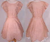 Vintage Blush Pink Sheer Scalloped Ribbonwork Hand Knit Crochet Circle Skirt Dress