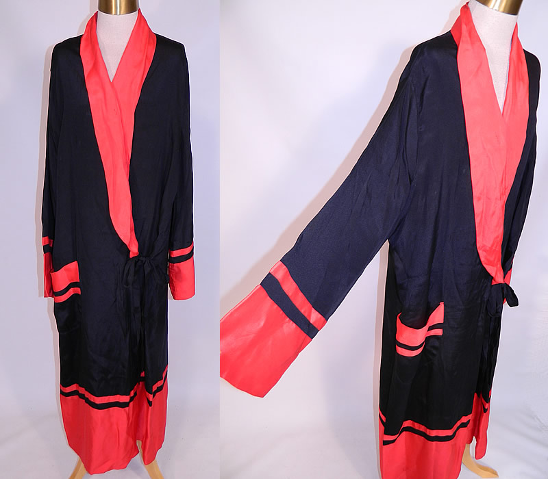 Vintage Art Deco Black & Red Silk Striped Flapper Kimono Robe Dressing Gown
This vintage Art Deco black and red silk striped flapper kimono robe dressing gown dates from the 1920s. It is made of a black silk fabric, with red trim edging and black striped accents.