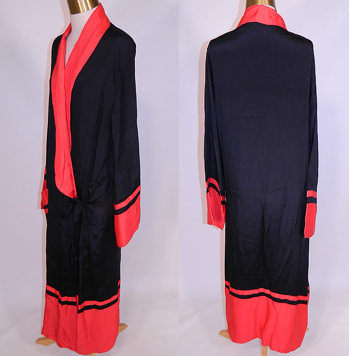 Vintage Art Deco Black & Red Silk Striped Flapper Kimono Robe Dressing Gown
The robe measures 52 inches long, with 60 inch hips, a 60 inch waist, 60 inch bust and 23 inch long sleeves. It is in good condition, with only two tiny ink marks on the lapel collar and a faint water spot stain on the bottom red stripe hem. This is truly a wonderful piece of Art Deco wearable art!