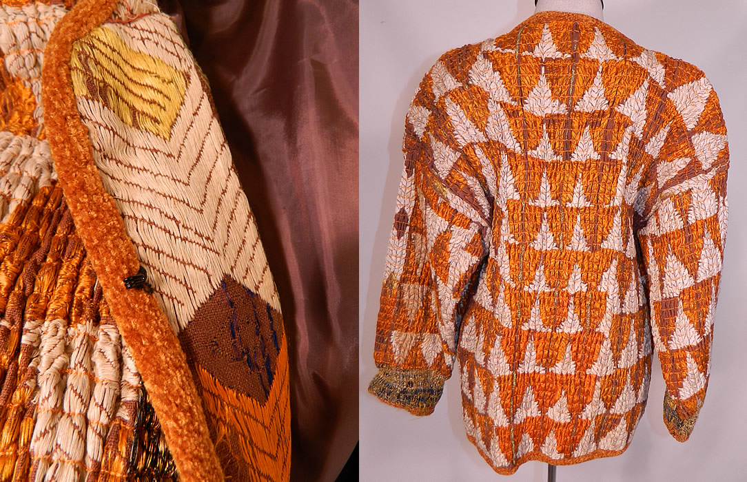 Vintage Pashtun Pakistan Swat Valley Embroidered Textile Tucks Gathering Coat
This unique ethnic art coat jacket is loose fitting, mid length, with a full boxy style, broad shoulders, long full sleeves, orange chenille trim edging, a amber color button hook clasp closure on the front and is fully lined. 