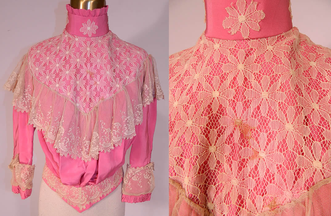 Victorian French Rose Pink Silk Wool White Lace Ruffle Trim Bodice Shirt
This antique Victorian era French rose pink silk wool white lace ruffle trim bodice shirt top dates from 1890. It is made of a bright French rose pink color silk wool blend fabric, with an off white cream color tambour embroidery net lace ruffle trim flounce waistband, cuffs and a sheer floral daisy pattern lace yoke top with cutout floral appliques around the collar.