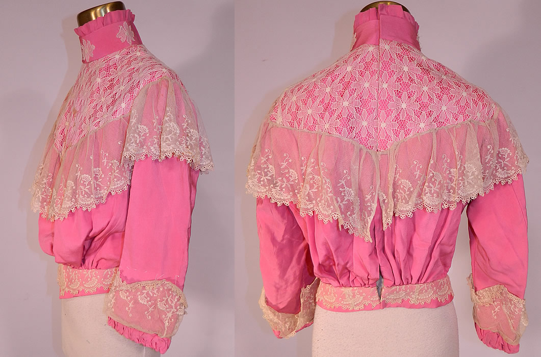 Victorian French Rose Pink Silk Wool White Lace Ruffle Trim Bodice Shirt
The bodice measures 20 inches long, with a 24 inch waist, 38 inch bust and 16 inch back. It is in good condition, but has not been cleaned, with a few small faint age spot stains on the lace front yoke top (see close-up). This is truly a wonderful piece of Victoriana wearable art!