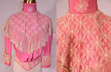 Victorian French Rose Pink Silk Wool White Lace Ruffle Trim Bodice Shirt
