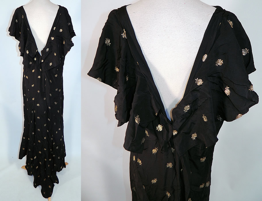 Vintage Black Silk Gold Lamé Lame Pomegranate Bias Cut Evening Gown Dress
The dress measures 60 inches long, with 40 inch hips, a 34 inch waist and 38 inch bust. It is in good condition, but has not been cleaned and has two tiny pin holes on the front top. This is truly a wonderful piece of wearable textile art!