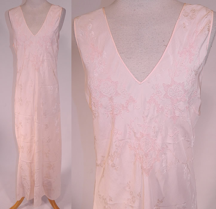 Vintage Pink Damask Silk Embroidered Drawn Cut Work Bias Cut Negligee Nightgown
This vintage pink damask silk embroidered drawn cut work bias cut negligee nightgown dates from the 1930s. It is hand stitched, made of a pale pastel pink color silk damask weave floral pattern fabric, with embroidered drawn cut work design done on the front top