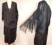 Vintage Art Deco Black Silk Taffeta Blue Sequin Beaded Flapper Dress Evening Gown
