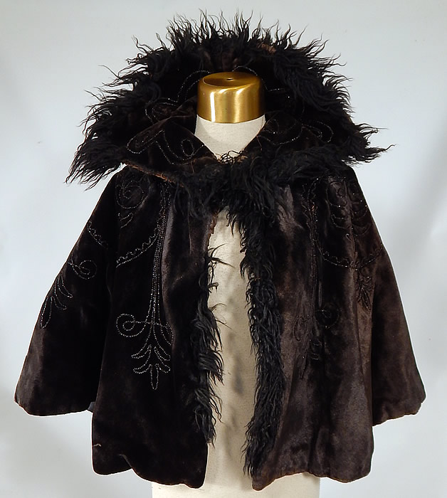 Victorian Black Velvet Jet Beaded Mohair Trim Winter Cloak Cape Mantle
 The cape measures 20 inches long and 106 inches in circumference around the bottom. 