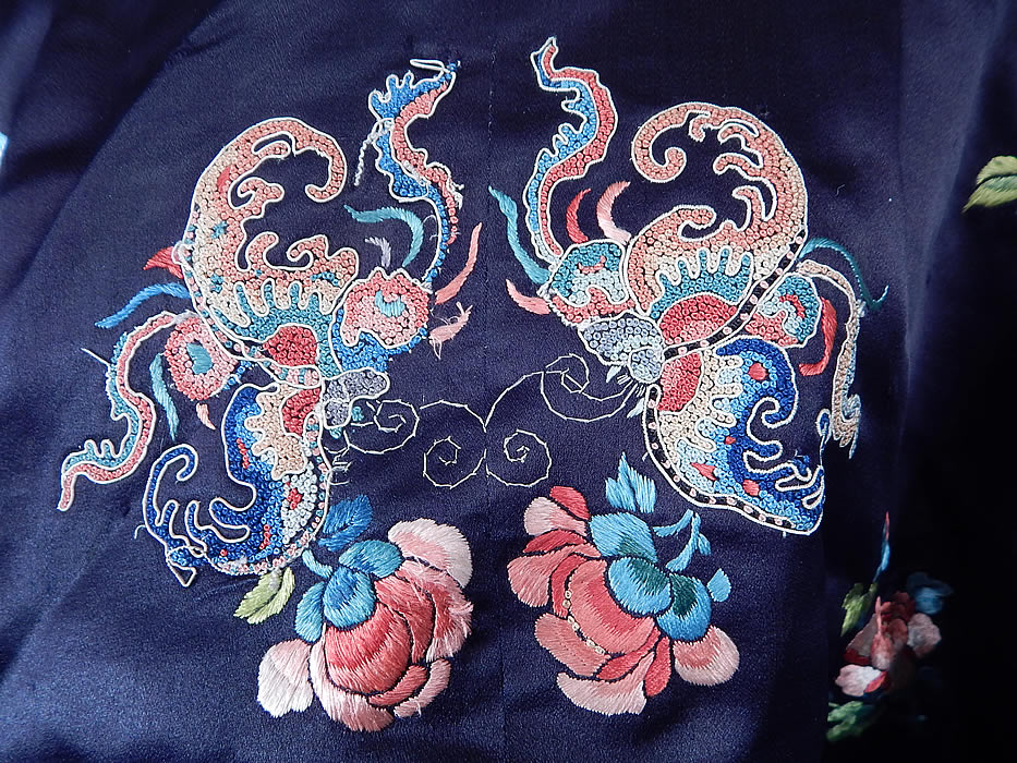 Antique Chinese Blue Silk Forbidden Stitch Embroidered Butterfly Robe Jacket
The robe measures 22 inches long, with a 50 inch waist, chest and 22 inch long sleeves. 