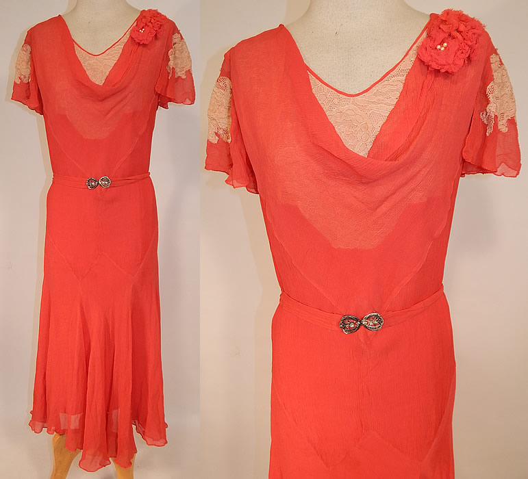 Vintage Red Silk Chiffon Cream Lace Floral Trim Belted Bias Cut Dress
This vintage red silk chiffon cream lace floral trim belted bias cut dress dates from the 1930s. It is made of a reddish orange color sheer silk chiffon fabric, with an ecru cream color lace appliqué on the sleeves and necklines. 