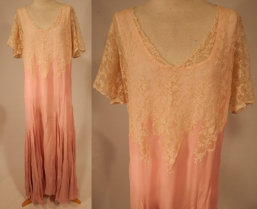 Vintage Pink Silk Georgette Crepe Cream Lace Trim Top Drop Waist Dress Gown