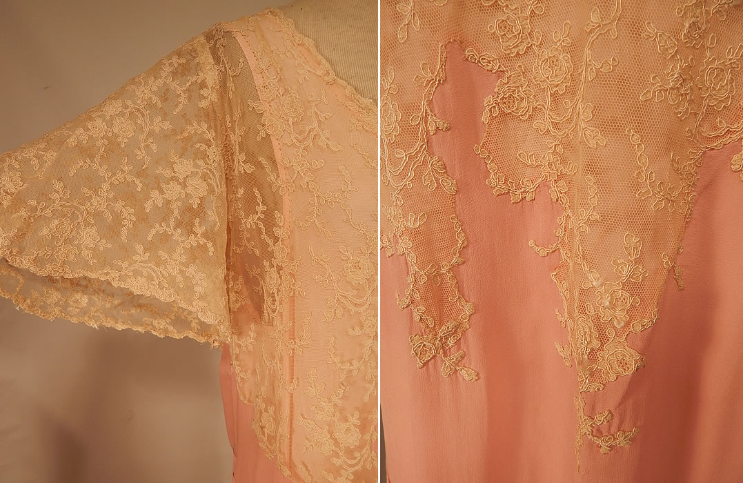 Vintage Pink Silk Georgette Crepe Cream Lace Trim Top Drop Waist Dress Gown side view.