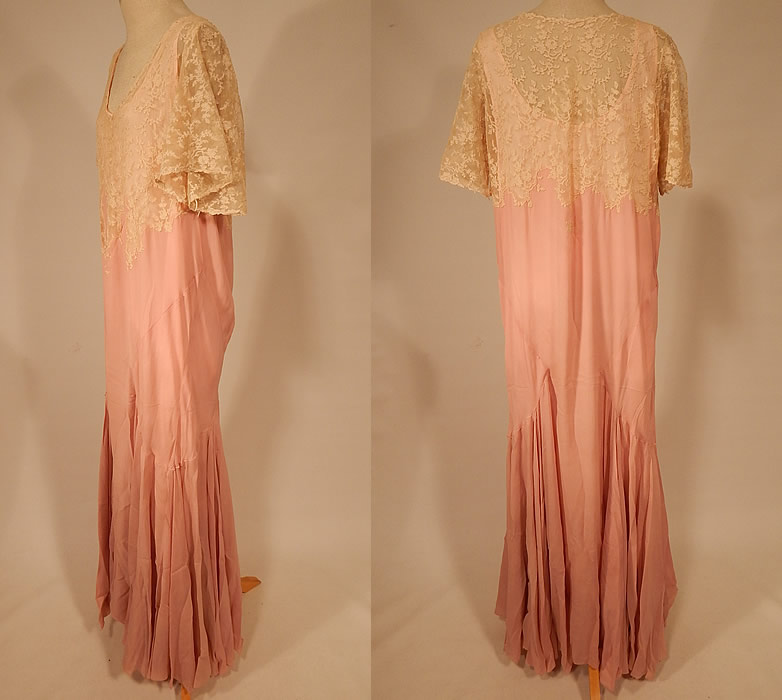 Vintage Pink Silk Georgette Crepe Cream Lace Trim Top Drop Waist Dress Gown back view.