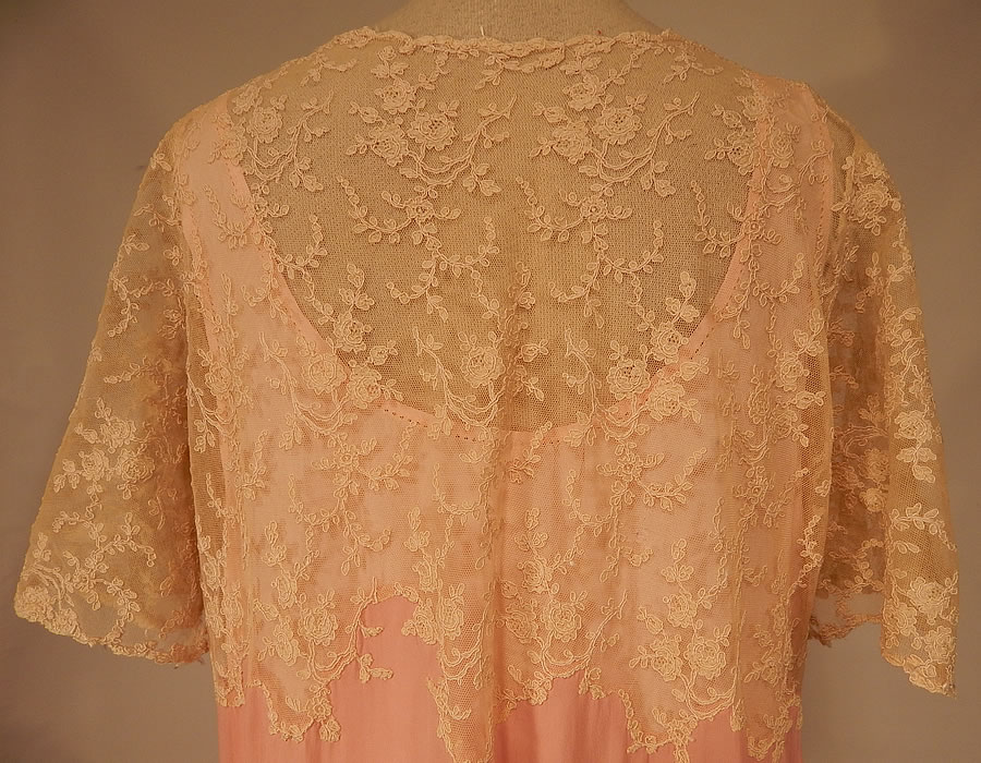 Vintage Pink Silk Georgette Crepe Cream Lace Trim Top Drop Waist Dress Gown close up.