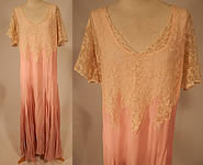 Vintage Pink Silk Georgette Crepe Cream Lace Trim Top Drop Waist Dress Gown