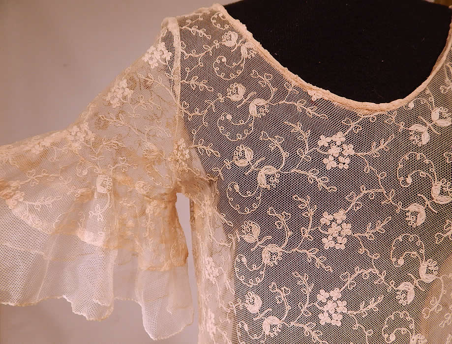 Vintage Ecru Cream Tambour Embroidery Tulle Net Lace Bias Cut Dress Gownside view.