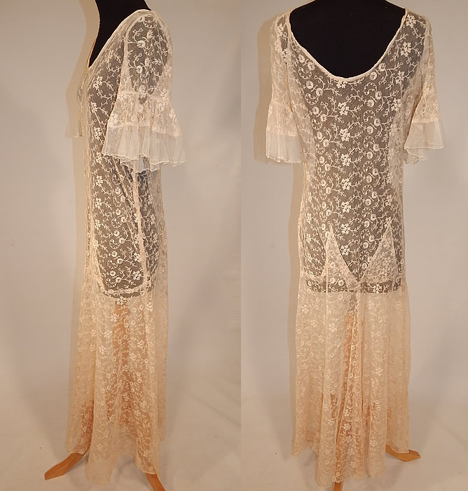 Vintage Ecru Cream Tambour Embroidery Tulle Net Lace Bias Cut Dress Gown back view.