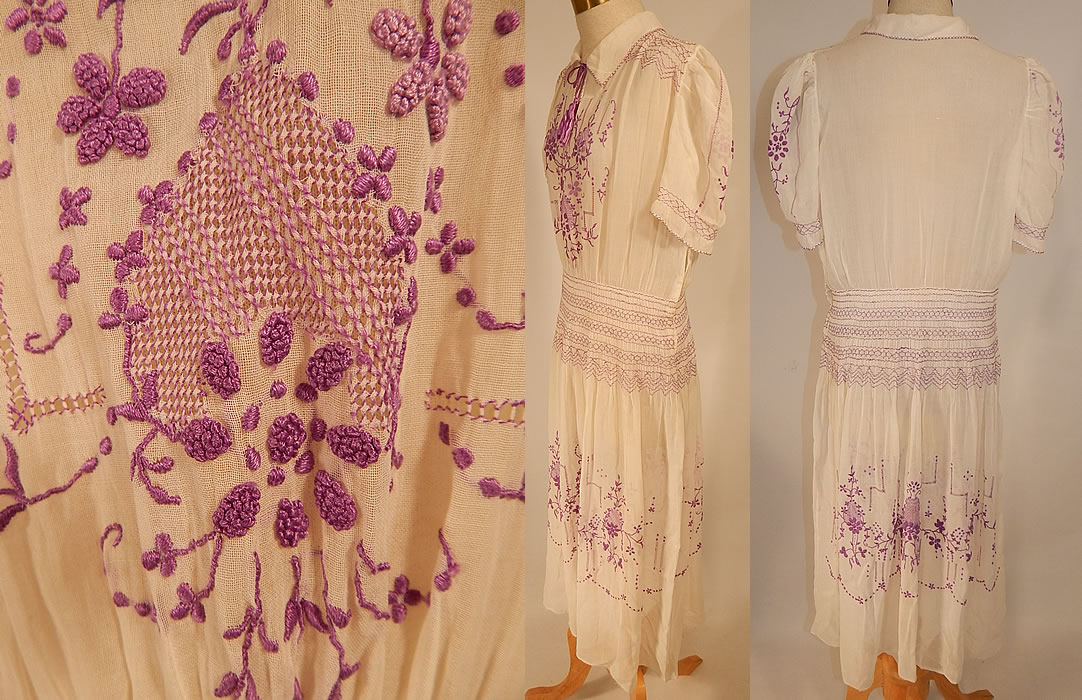 Vintage White Cotton Purple Embroidered Smocking Boho Peasant Drop Waist Dress
The dress measures 47 inches long, with 36 inch hips, a 26 inch waist and 36 inch bust. It is in excellent condition. This is truly a wonderful piece of wearable bohemian peasant textile folk art!