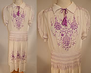 Vintage White Cotton Purple Embroidered Smocking Boho Peasant Drop Waist Dress
