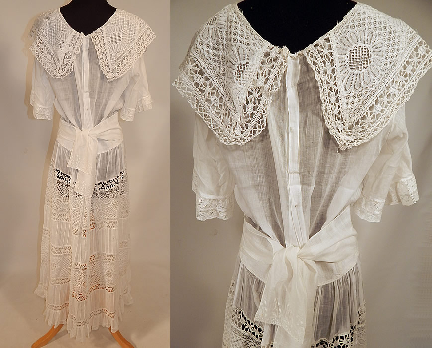 Edwardian White Cotton Batiste Bobbin Lace Belted Graduation Wedding Dress
The dress is a large size measuring 53 inches long, with a 28 inch waist, 36 inch bust and 44 inch long, 4 inch wide sash belt. It is in good condition, with only 2 tiny holes on the back skirt. 