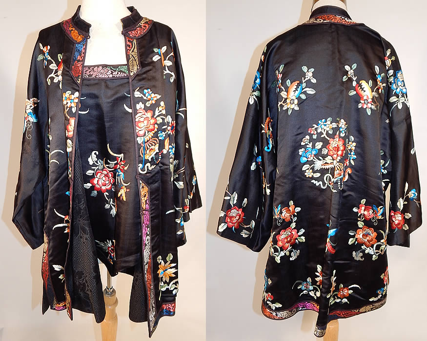 Antique Chinese Black Silk Embroidered Peony Flower Butterfly Robe & Camisole
This antique vintage Chinese black silk embroidered peony flower, butterfly robe and camisole dates from the 1940s. It is made of a black silk fabric, with colorful hand embroidery work, with a variety of flowers, vases and butterflies. 