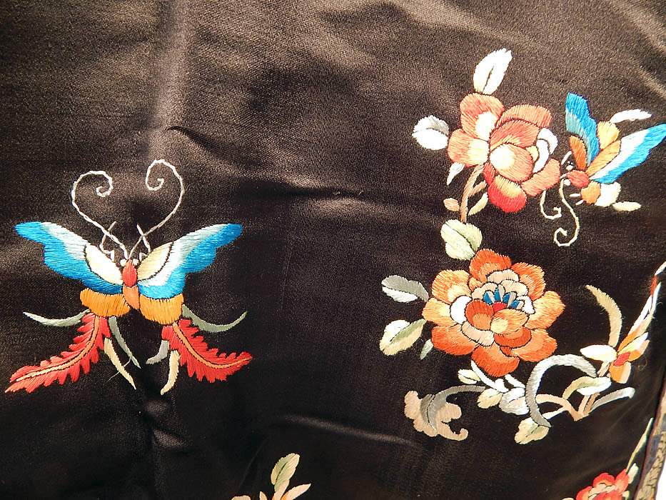 Antique Chinese Black Silk Embroidered Peony Flower Butterfly Robe & Camisole
It is in good condition, with only a couple of tiny pin holes on the camisole top. This is truly a wonderful piece of wearable antique Chinese art!