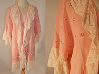 Vintage Pink Cotton Embroidered Daisies Lace Trim Flapper Peignoir Robe Bed Jacket
