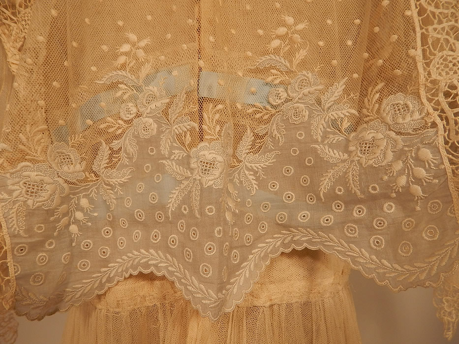 Edwardian Belle Epoque White Normandy Mixed Lace Blue Ribbon Wedding Gown Dress
It is in excellent condition, with only a small faint age spot stain on the skirt which is barely noticeable. This is truly an exceptional piece of antique textile lace art which could be worn as a wedding gown!