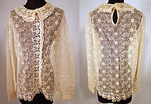 Vintage Ecru Cream Soutache Tambour Embroidery Tulle Net Lace Blouse Top
