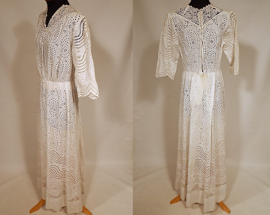 Victorian White Cotton Batiste Broderie Anglaise Eyelet Embroidery Cutwork Lace Dress
This would be wonderful for design and could be reworked. Truly a beautiful piece of antique Victoriana wearable art! 