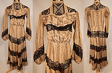 Victorian Brown & White Cotton Calico Striped Black Lace Trim Gown Dress
