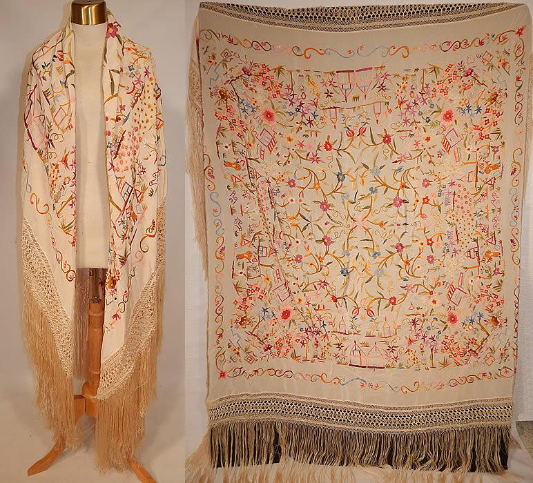 Antique Cream Silk Pastel Embroidered Figural Floral Chinese Canton Piano Shawl
There is a lush floral foliage vine leaf, butterfly, pagoda shrine temples and Chinese figural whimsical flower people designs completely covering the shawl. 