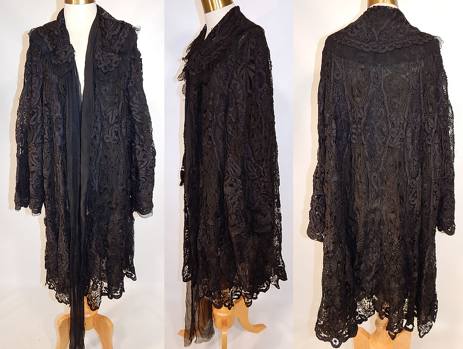 Edwardian Black Silk Battenburg Tape Lace Shawl Collar Long Coat Jacket
This exquisite Edwardian era antique black silk Battenburg tape lace shawl collar long coat jacket dates from 1910. It is made of a black silk Battenburg crochet lace created with tapes, connecting thread picot ornamented bars with decorative spiral, floral, leaf, scroll work designs.