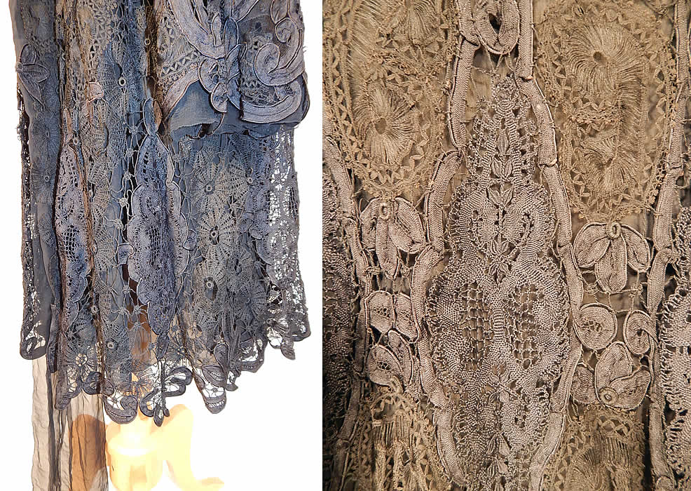 Edwardian Black Silk Battenburg Tape Lace Shawl Collar Long Coat Jacket
It is in good condition, with only some slight fraying on the chiffon fabric lining. This is truly an amazing, exceptional, quality made piece of wearable antique lace art!