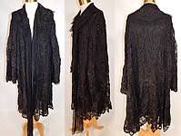 Edwardian Black Silk Battenburg Tape Lace Shawl Collar Long Coat Jacket
