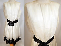 Vintage Mod Black & White Chiffon Belted A Line Sleeveless Cocktail Dress
