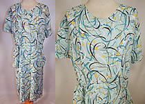 Vintage Teal Blue Floral Swirls Abstract Novelty Print Rayon Peplum Skirt Dress
