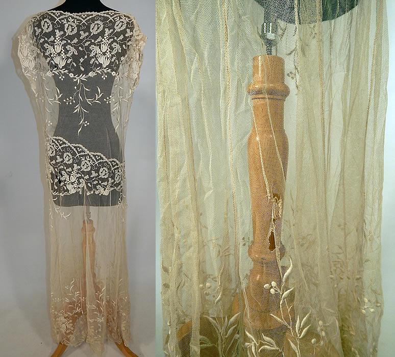 Vintage Cream Filet Lace Embroidered Tulle Net Drop Waist Boho Maxi Dress
The dress measures 53 inches long, with 42 inch hips, a 32 inch waist and 36 inch bust. 