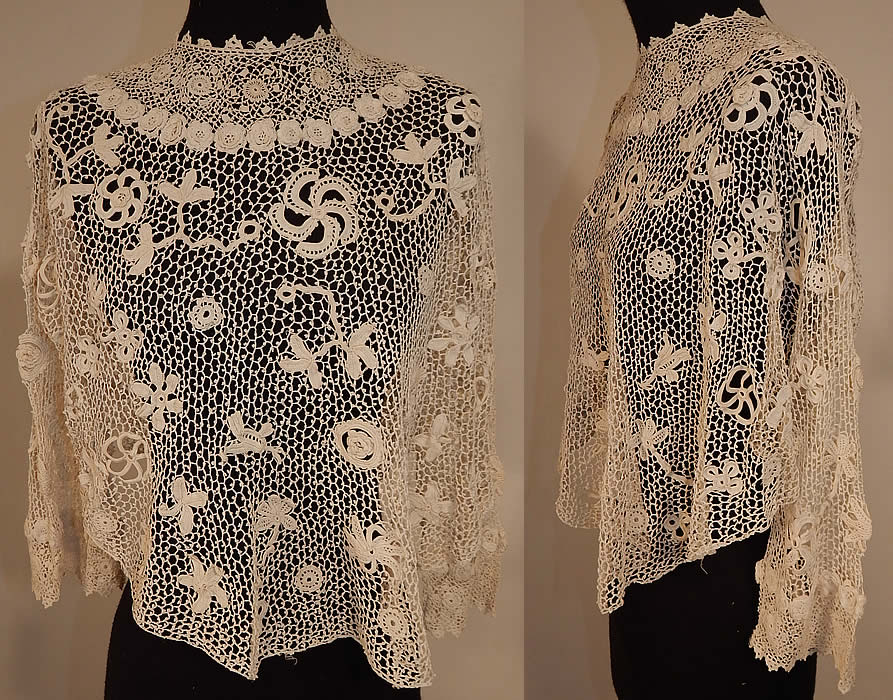 Edwardian White Irish Crochet Lace Meshwork Shirt Blouse Jacket Top
This antique Edwardian era white Irish crochet lace meshwork shirt blouse jacket top dates from 1915. It is made of an off white Irish crochet lace with raised three dimensional flower, leaf designs, connecting thread picot ornamented bars and detailed meshwork.