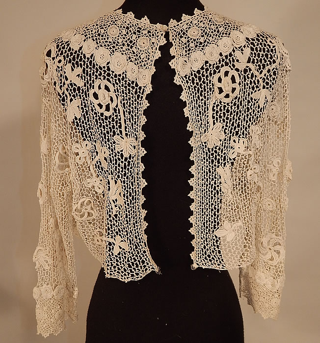 Edwardian White Irish Crochet Lace Meshwork Shirt Blouse Jacket Top
The blouse measures 18 inches long in the front, 14 inches long in the back, with a 34 inch bust.