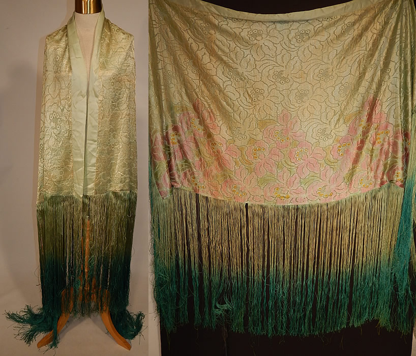 Vintage Pastel Green Silk Pink Floral Lace Ombre Fringe Flapper Shawl Cloak Cape
This vintage pastel green silk pink floral lace ombre fringe flapper shawl cloak cape dates from the 1920s.